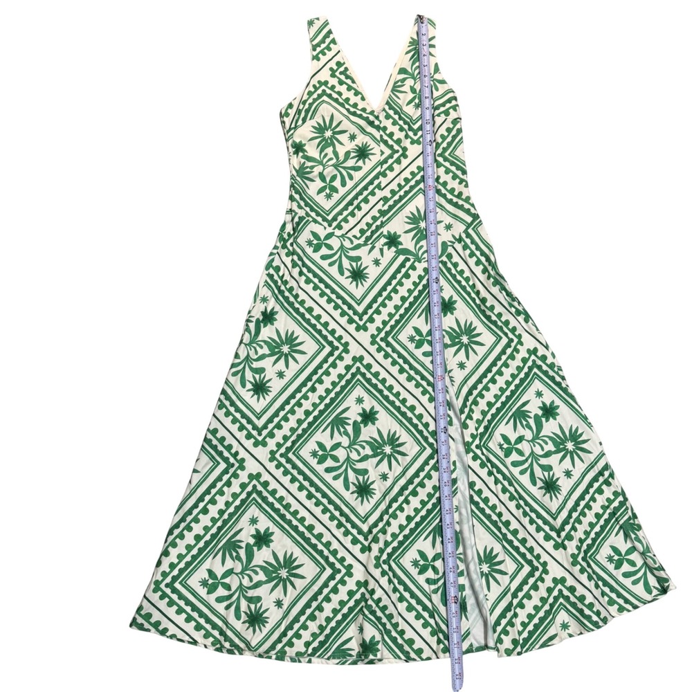 Mon Renn Losas Bias Midi Dress M Emerald Green Tile Print Slit Flowy Vacation